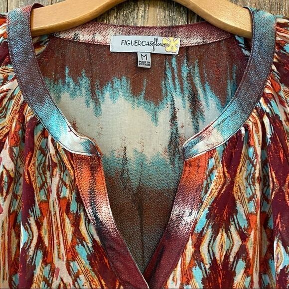Figueroa & Flower M Turquoise Orange Aztec Ornate Design BOHO Flowy Light Blouse - Picture 11 of 11
